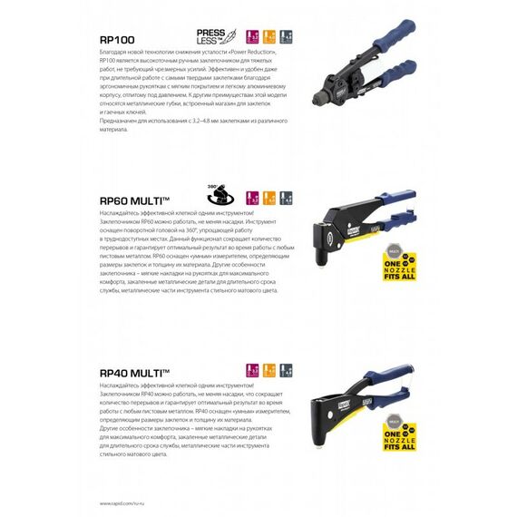 Заклепочники: Заклепочник универсальный Rapid RP40 MULTI d 3.2мм, 4.0мм, 4.8мм, мультинасадка [5001139] фотографии