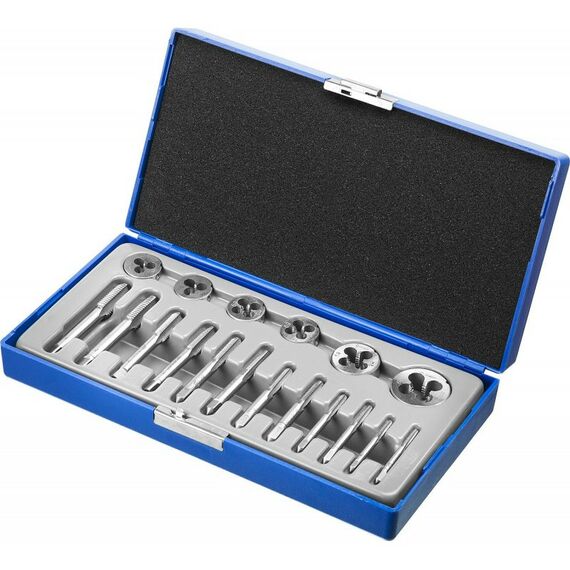 Метчики, плашки: Набор метчиков и плашек Зубр 28120-H18 18 предметов,  в пластиковом боксе, сталь 9ХС [28120-H18] фотографии