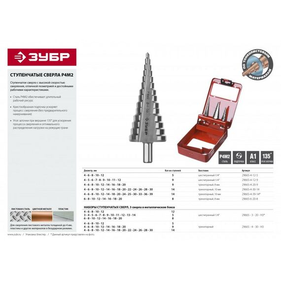 Буры, пики, коронки, сверла: Cверло ступенчатое Зубр 4-30мм 14 ступеней [29665-4-30-14] фотографии