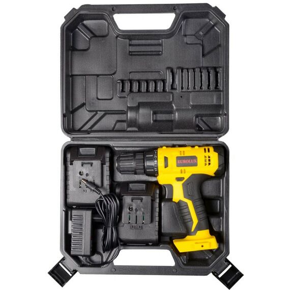 Дрели и шуруповерты: Дрель-шуруповерт аккумуляторная Eurolux ДА-18/2Li безударный, быстрозажимной, 0-400, 0-1400 об/мин, 30/12 Нм, 18В, 1.5 А*ч, 1.3 кг, кейс [72/14/40] фотографии