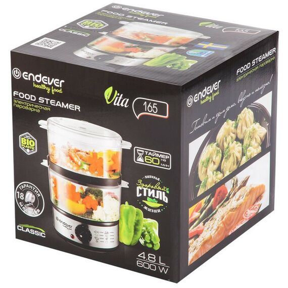 Пароварки: Пароварка Endever Vita-165 черный/стальной [90033] фотографии