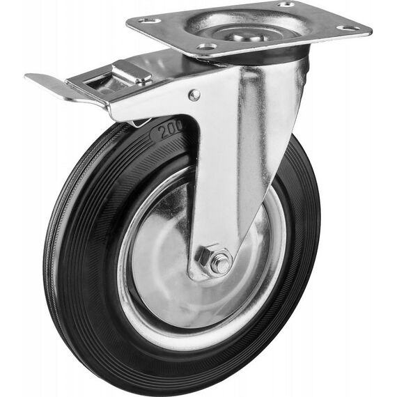 Мебельный крепеж: Колесо поворотное c тормозом Зубр Профессионал d=200 мм г/п 185 кг, резина/металл, игольчатый подшипник [30936-200-B] фотографии