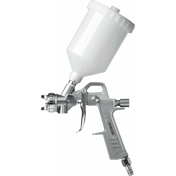 Пневмокраскопульты: Набор пневматический универсальный STAYER 06488-H5 краскораспылитель с верхним бачком, пистолеты, пневмошланг, 5 предметов фотографии