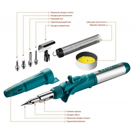 Паяльное оборудование: Газовый паяльник KRAFTOOL SolderPro 120K набор 10-в-1, 30-120 Вт, горелка, фен, пьезоподжиг, 1300°С [55503-H10] фотографии