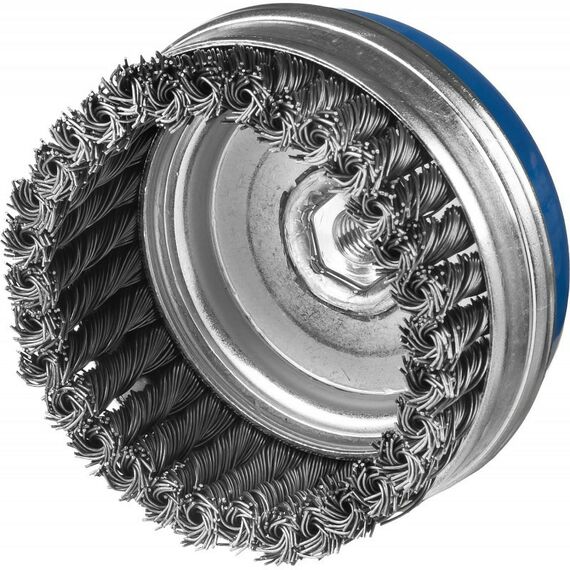 Шлифовка, зачистка: Щетка чашечная усиленная для УШМ Зубр Профессионал 100ммхМ14 плетеные пучки стальной проволоки 0.8мм [35271-100] фотографии