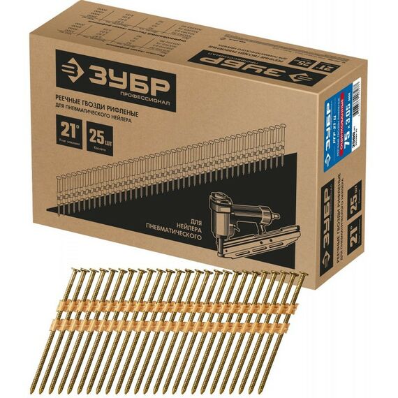 Гвозди: Реечные гвозди рифленые оцинкованные Зубр РГР-21-Ц 75 мм 21°, 2500 шт [305393-75] фотографии