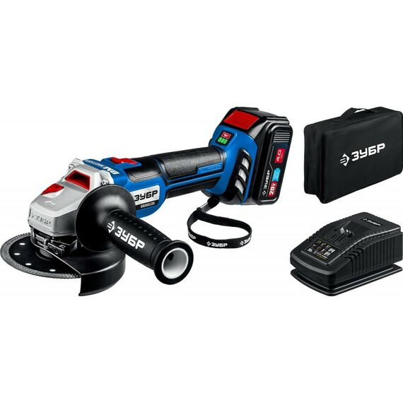 Угловые шлифмашинки (болгарки): Бесщеточная УШМ Зубр Профессионал AB-125-41 20В, 1 АКБ (4Ач), в сумке фотографии