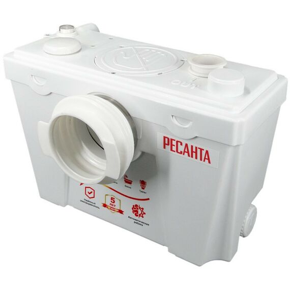 Насосы и насосные станции: Канализационный насос РЕСАНТА КН 3WC 500 Вт, 120 л/мин, макс. напор по вертикали – 8 м, по горизонтали – 80 м, 3 входа, вход под туалет, ножи, реверс, до +60 °С фотографии