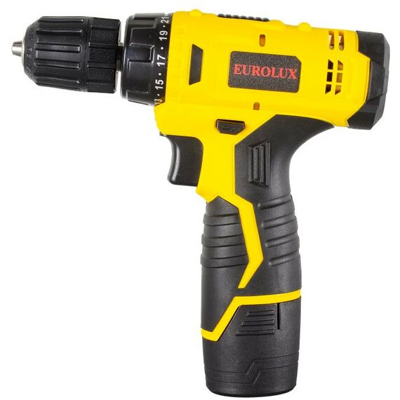 Дрели и шуруповерты: Дрель-шуруповерт аккумуляторная Eurolux ДА-12/1Li безударный, быстрозажимной, 600 об/мин, 25/13 Нм, 12В, 1,5 А*ч, 0.96 кг фотографии