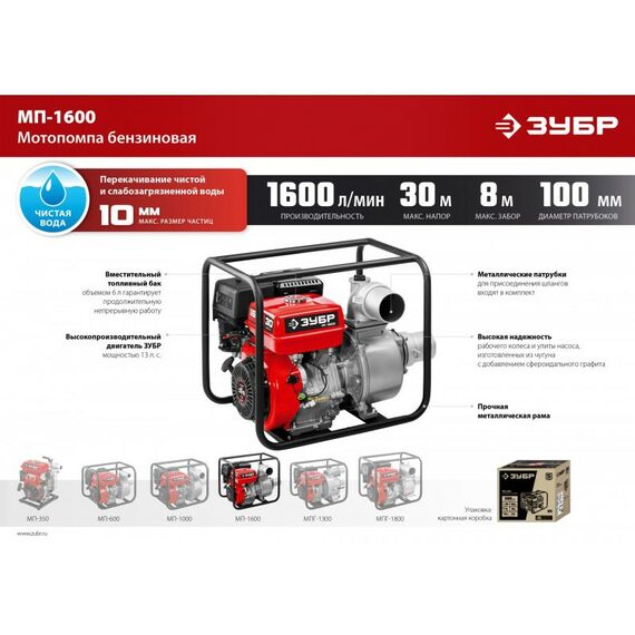 Мотопомпы: Мотопомпа бензиновая Зубр МП-1600 1600 л/мин фотографии