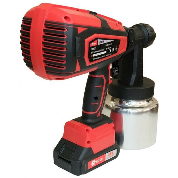 Распылители, краскопульты: Краскопульт аккумуляторный EDON АSG-18 Li-Ion 18В, 0.6л/мин, 1л, 2х2Ач, 2.3кг [1001150108] фотографии