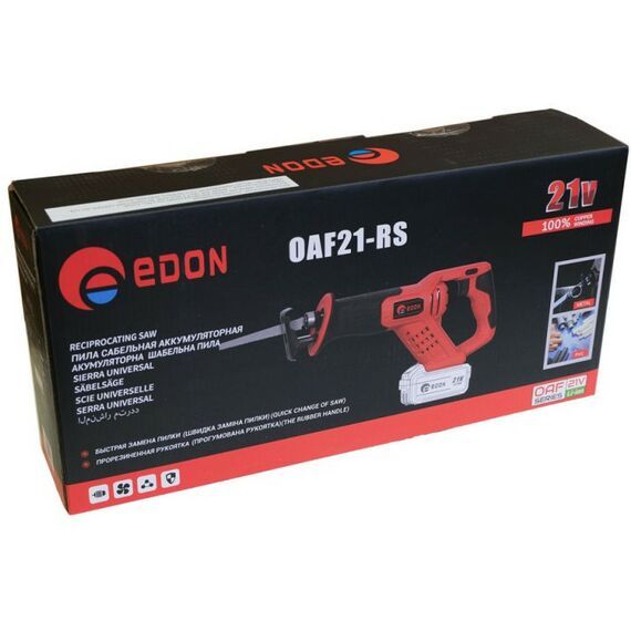 Сабельные пилы: Пила сабельная аккумуляторная EDON OAF21-RS Li-ion 21В, 3000 ход/мин, 1х3Ач, 2.7кг [1001010611 акб+зу] фотографии