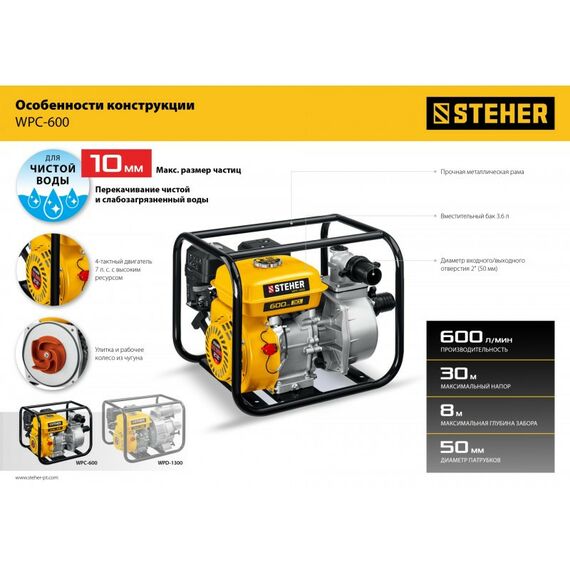 Мотопомпы: Мотопомпа бензиновая STEHER WPC-600 600 л/мин фотографии