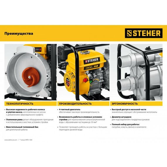 Мотопомпы: Мотопомпа бензиновая для грязной воды STEHER WPD-1300 1300 л/мин фотографии