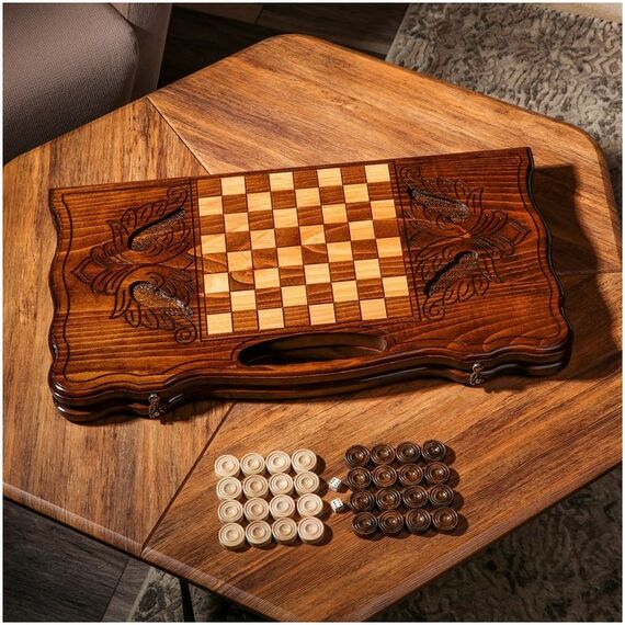 Настольные игры:  Нарды ручной работы "Горы", глубокая резка, с ручкой, 60х30 см, с шахматным полем, массив ореха, Армения фотографии
