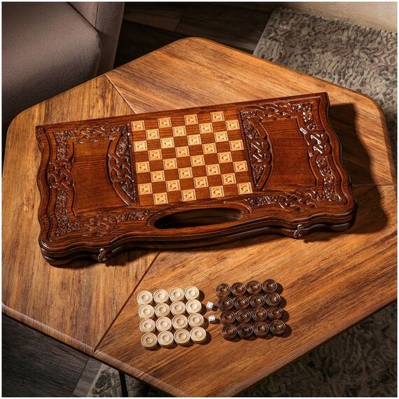Настольные игры:  Нарды ручной работы "Узор", глубокая резка, с ручкой, 60х30 см, с шахматным полем, массив ореха, Армения фотографии