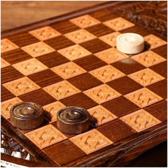 Настольные игры:  Нарды ручной работы "Узор", глубокая резка, с ручкой, 60х30 см, с шахматным полем, массив ореха, Армения фотографии