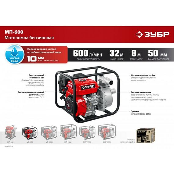 Мотопомпы: Мотопомпа бензиновая Зубр МП-600 600 л/мин фотографии
