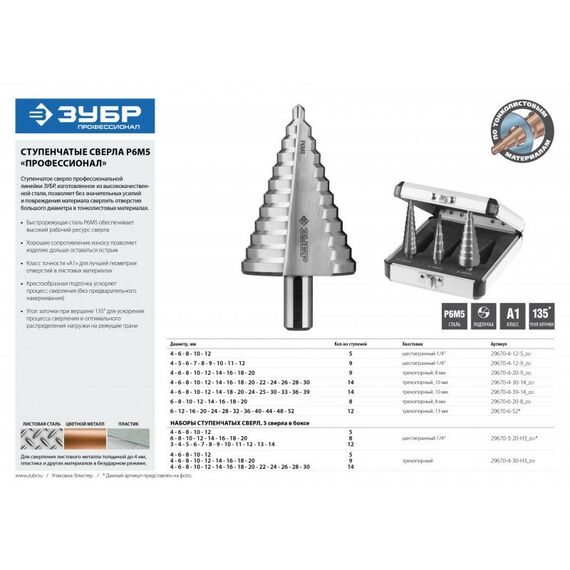 Буры, пики, коронки, сверла: Сверло ступенчатое Зубр Профессионал 4-12мм 9 ступеней [29670-4-12-9] фотографии