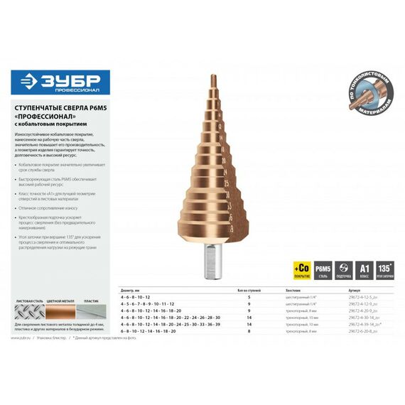 Буры, пики, коронки, сверла: Сверло ступенчатое Зубр Профессионал КОБАЛЬТ 4-12мм ч5 ступеней, кобальтовое покрытие [29672-4-12-5] фотографии