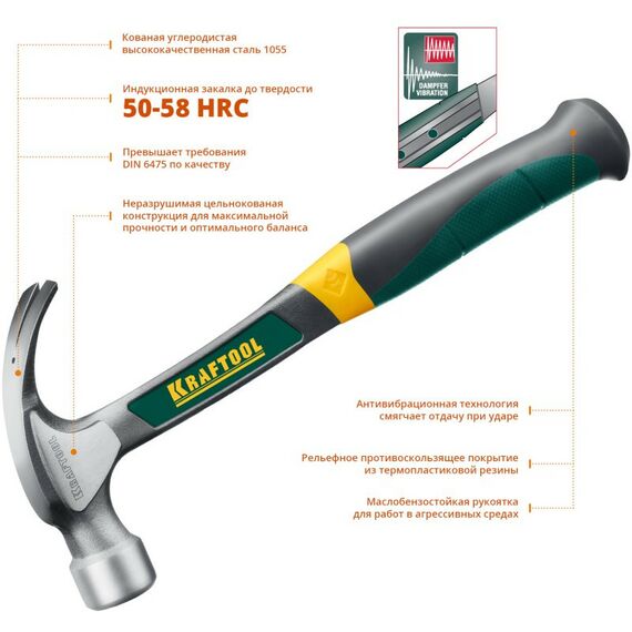 Молотки: Молоток-гвоздодёр KRAFTOOL THOR 560 г цельнокованый столярный [20270] фотографии