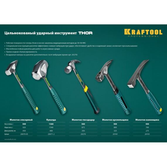 Молотки: Молоток-гвоздодёр KRAFTOOL THOR 560 г цельнокованый столярный [20270] фотографии