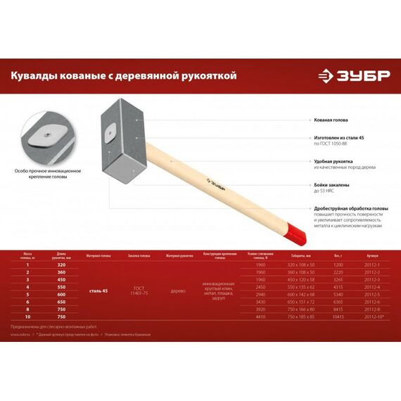 Кувалды: Кованая кувалда Зубр 4 кг 550 мм [20112-4] фотографии