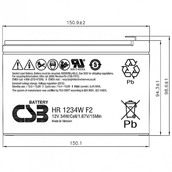 Аккумуляторы для ИБП и охранных систем: Аккумулятор CSB HR-1234WF2 12V 9Ah фотографии
