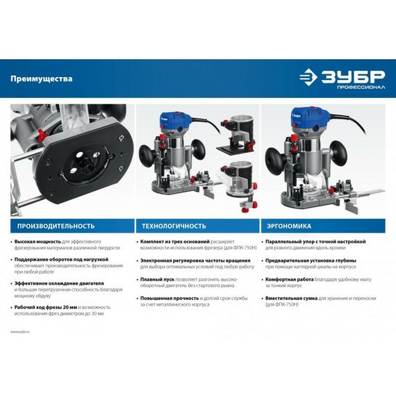 Фрезеры: Кромочный фрезер Зубр Профессионал ФПК-750Н 750 Вт, сумка, 3 основания фотографии