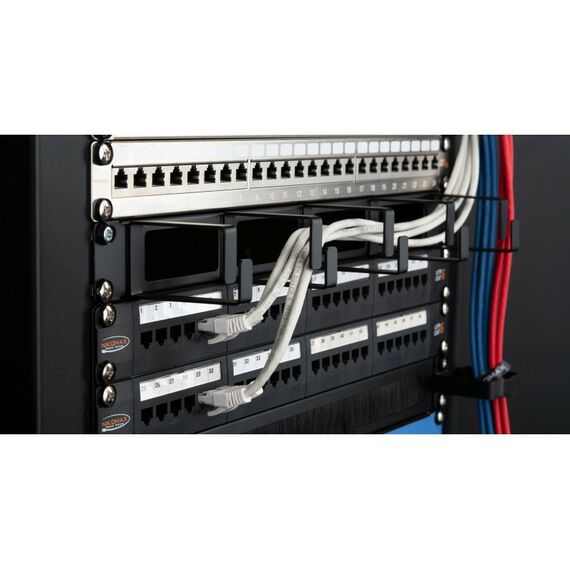 Кабельный органайзеры: Кабельный органайзер Nikomax NMC-OK600H-1U-BK-2 19", 1U, глубина колец 60 мм, металлический, с отверстиями в опорной планке, черный, уп-ка 2шт. фотографии