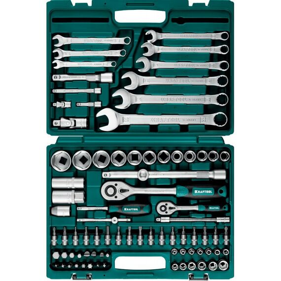 Наборы инструментов и ключи: Универсальный набор инструмента KRAFTOOL X-Drive 82 82 предмета, 1/2"+1/4" [27887-H82] фотографии