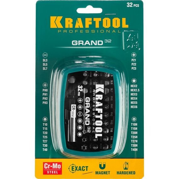 Наборы оснастки: Набор бит KRAFTOOL Grand-32 с магнитным адаптером 32 шт [26083-H32] фотографии