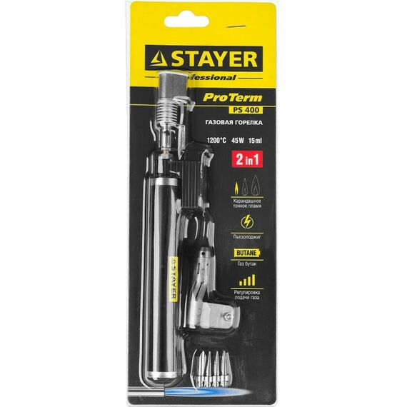 Горелки: Газовый паяльник STAYER PS400 45 Вт, 1200°С, в наборе: 5в1, пьезоподжиг, горелка, фен, 4 жала [55505-H6] фотографии