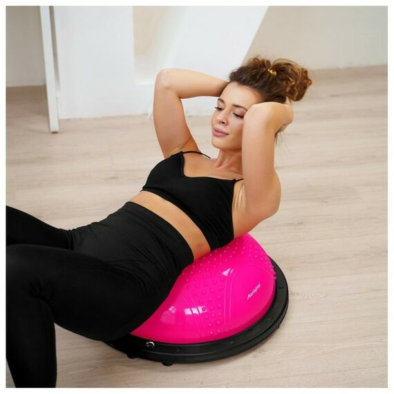 Фитнес оборудование: Полусфера BOSU гимнастическая ONLYTOP 55х25 см массажная, с насосом, цвет розовый фотографии