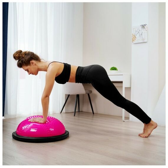 Фитнес оборудование: Полусфера BOSU гимнастическая ONLYTOP 55х25 см массажная, с насосом, цвет розовый фотографии