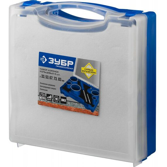 Буры, пики, коронки, сверла: Набор кольцевых коронок Зубр Профессионал 8 шт: d 33, 53, 67, 73, 83 мм, карбид-вольфрамовое нанесение [33350-H8_z01] фотографии