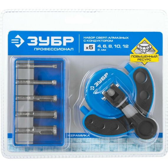 Наборы оснастки: Набор алмазных трубчатых сверл с кондуктором Зубр Профессионал 29851-H6 d 4, 6, 8, 10, 12 мм, Р60 фотографии