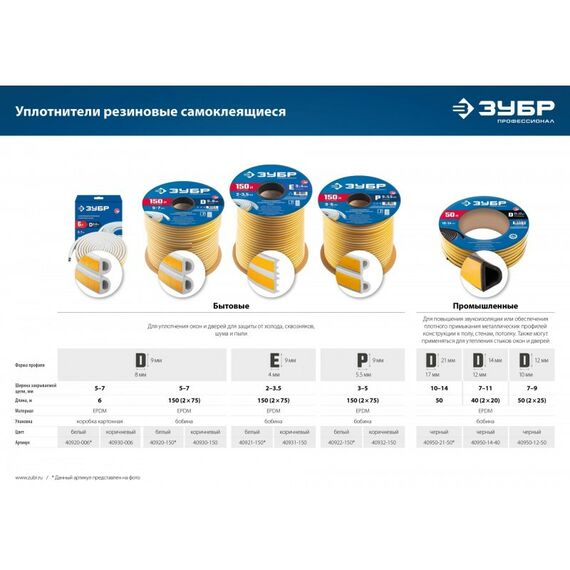 Уплотнители самоклеящиеся: Самоклеящийся резиновый уплотнитель Зубр Профессионал 150 м P-профиль размер 9 х 5.5 мм, коричневый [40932-150] фотографии