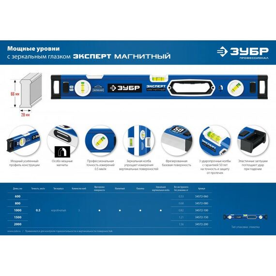 Строительные уровни: Мощный магнитный уровень Зубр Профессионал ЭКСПЕРТ-М, 600 мм с зеркальным глазком [34572-060] фотографии