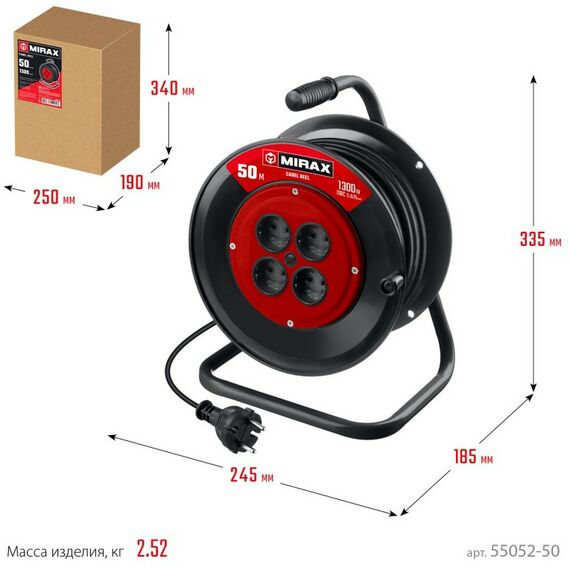 Удлинители электрические: удлинитель на катушке MIRAX ПВС 2 х 0.75 мм2 50 м, 1300 Вт [55052-50] фотографии