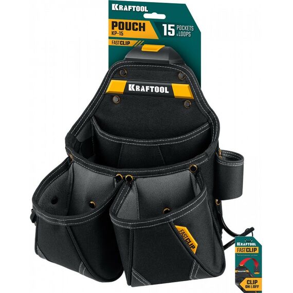 Ящики и сумки для инструмента: поясная сумка KRAFTOOL KP-15 с быстросъёмным креплением FastClip, 15 карманов и петель, 350 х 320 мм [38771] фотографии