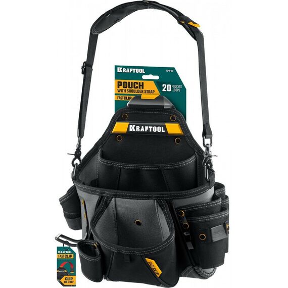 Ящики и сумки для инструмента: Поясная сумка KRAFTOOL KPB-20 с быстросъёмным креплением FastClip, плечевой ремень, 20 карманов и петель, 320 х 310 мм [38767] фотографии