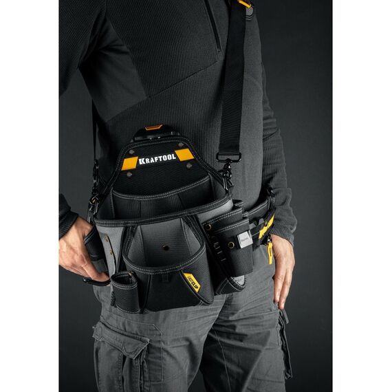 Ящики и сумки для инструмента: Поясная сумка KRAFTOOL KPB-20 с быстросъёмным креплением FastClip, плечевой ремень, 20 карманов и петель, 320 х 310 мм [38767] фотографии