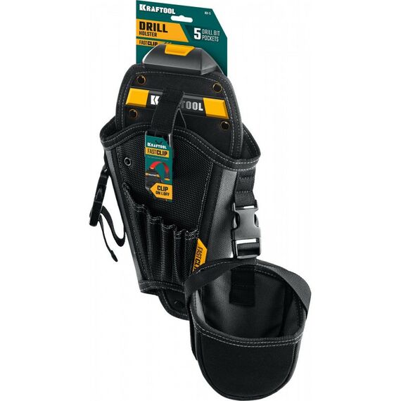 Ящики и сумки для инструмента: Кобура для шуруповерта KRAFTOOL KH-5 с дополнительным съёмным карманом, с быстросъёмным креплением FastClip, 5 отделений для свёрл и бит [38769] фотографии