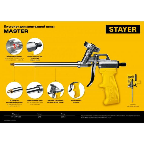 Пистолеты монтажные, тепловые, клеящие, пескоструйные: Металлический пистолет для монтажной пены STAYER Master [06863] фотографии