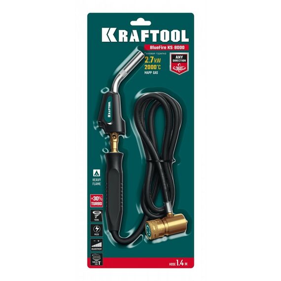 Горелки: Газовая горелка KRAFTOOL Blue Fire KS-8000 со шлангом 1.4м с пьезоподжигом на баллон турбо нагрев + 30% 2000°C [55512] фотографии