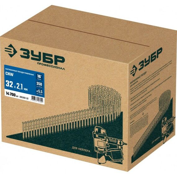 Гвозди прямого монтажа: Барабанные гвозди рифленые Зубр CNW 32 х 2.1 мм 14700 шт [305382-32] фотографии