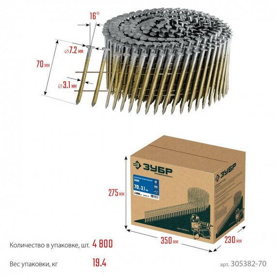 Гвозди прямого монтажа: Барабанные гвозди рифленые Зубр CNW 70 х 3.1 мм 4800 шт [305382-70] фотографии