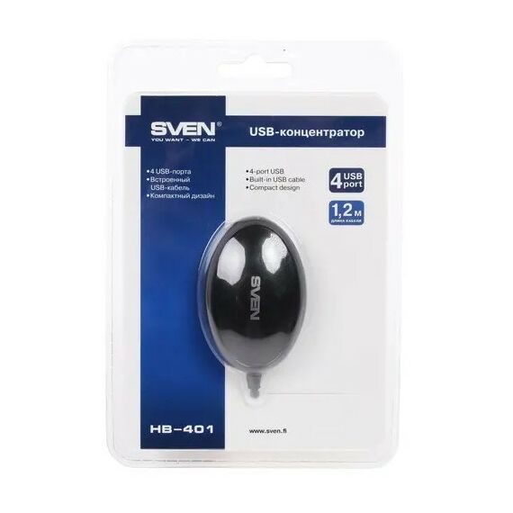 Разветвитель SVEN HB-401 USB 2.0 Type-A x4, кабель 120 см, черный SV-012830 фотографии