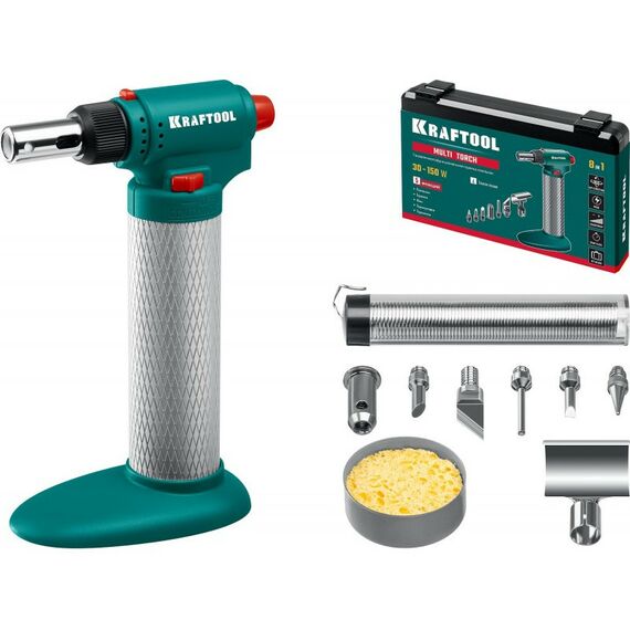Газовый паяльник KRAFTOOL Multi torch 30 - 150 Вт 1300°С, набор 8 в 1: горелка, фен, пьезоподжиг [55506-H8] фотографии